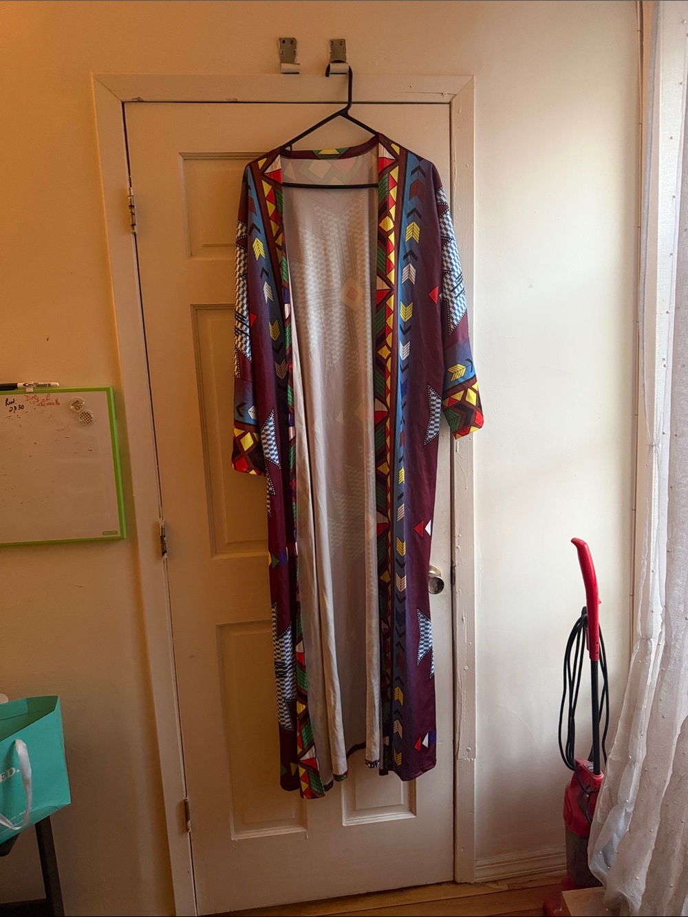 Long Open-Front Geometric Print Kimono - Burgundy with Multicolor Trim